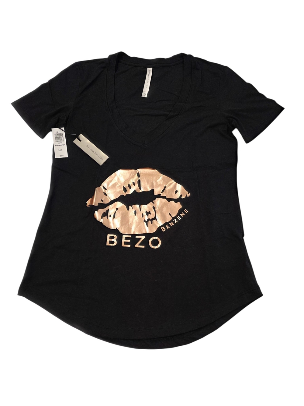 Babaton Black V-Neck Tee with Metallic Rose Gold Lip Graphic